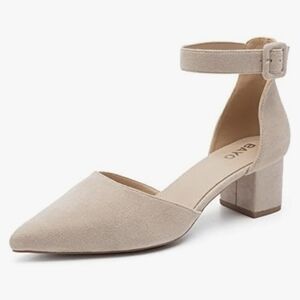 BAMBOO Beige Suede-Look Ankle Strap Block Heel Pumps